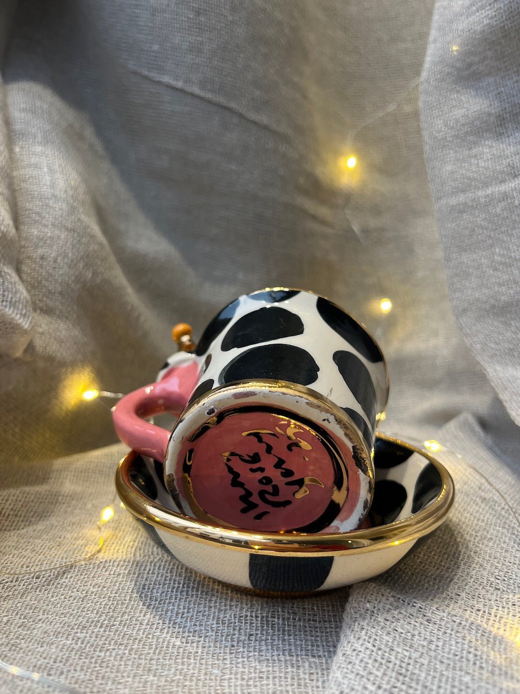 Crown Handled Demi Tasse & Saucer (Big Black Dot) - Mary - Rose Young - Beside The Wave