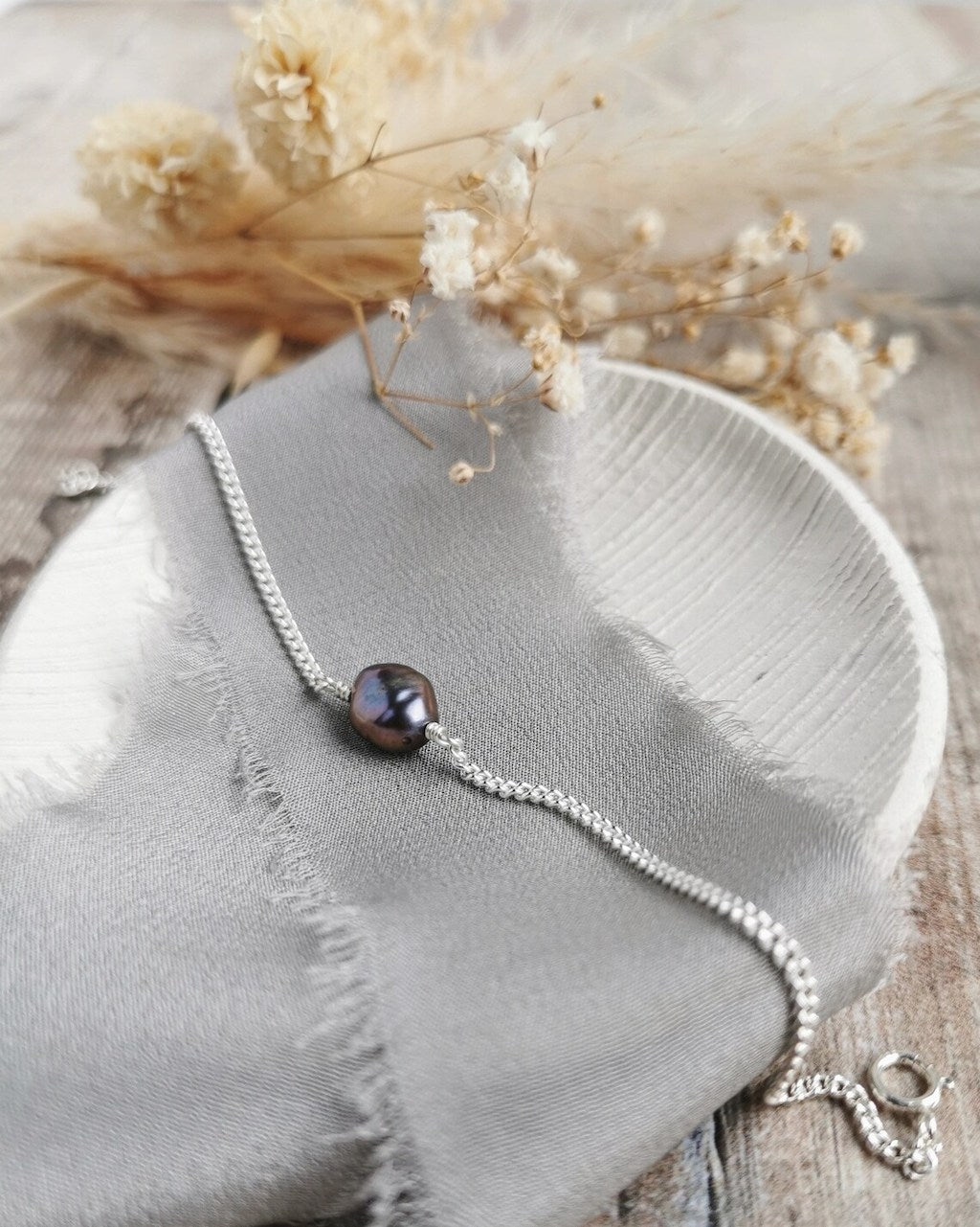 Peacock Baroque Pearl Silver Bracelet (Extender Chain) - Cat Birch - Beside The Wave