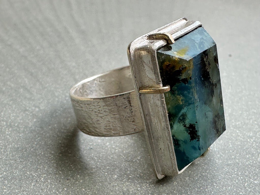 Peruvian Blue Opal Rectangle Large with Gold Claws Ring - Lucy Spink - Beside The Wave