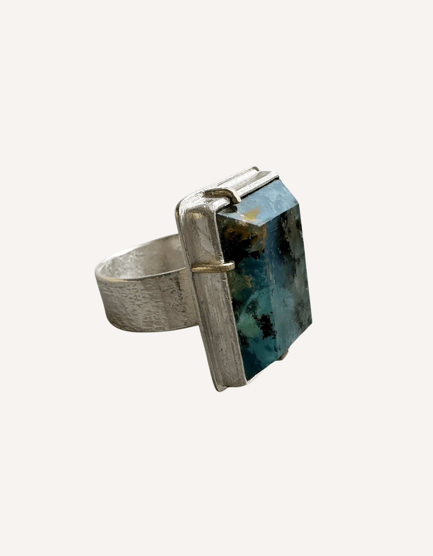 Peruvian Blue Opal Rectangle Large with Gold Claws Ring - Lucy Spink - Beside The Wave