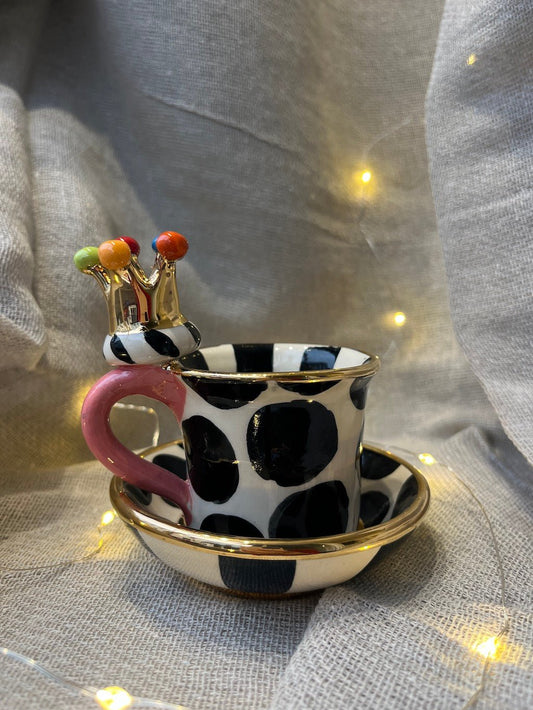 Crown Handled Demi Tasse & Saucer (Big Black Dot) - Mary - Rose Young - Beside The Wave