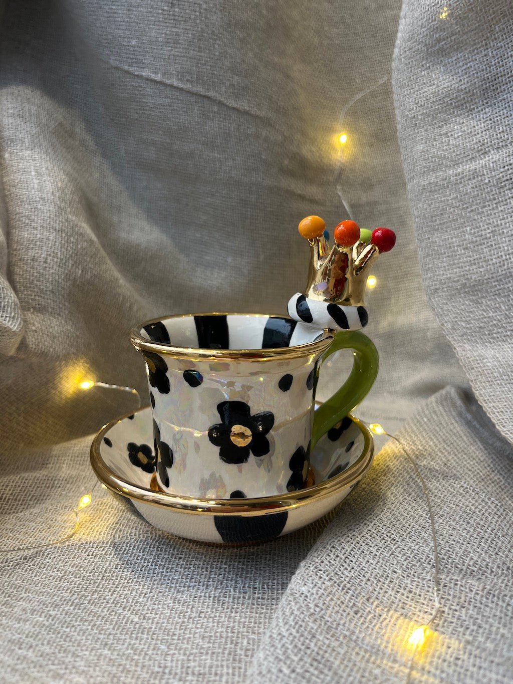 Crown Handled Demi Tasse & Saucer (Daisy) - Mary - Rose Young - Beside The Wave