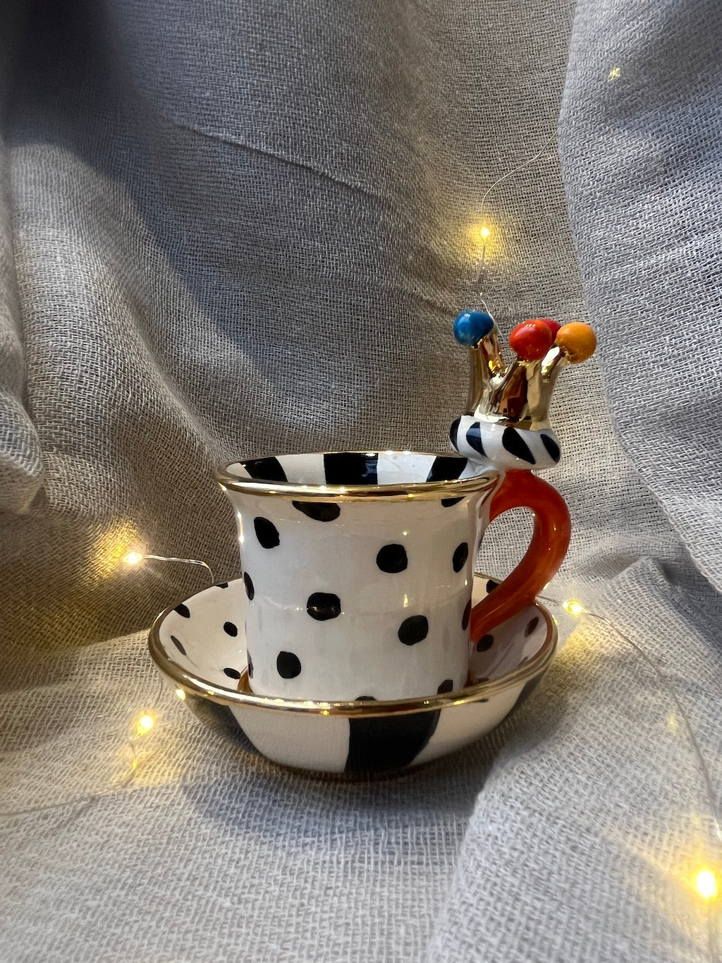 Crown Handled Demi Tasse & Saucer (polka) - Mary - Rose Young - Beside The Wave