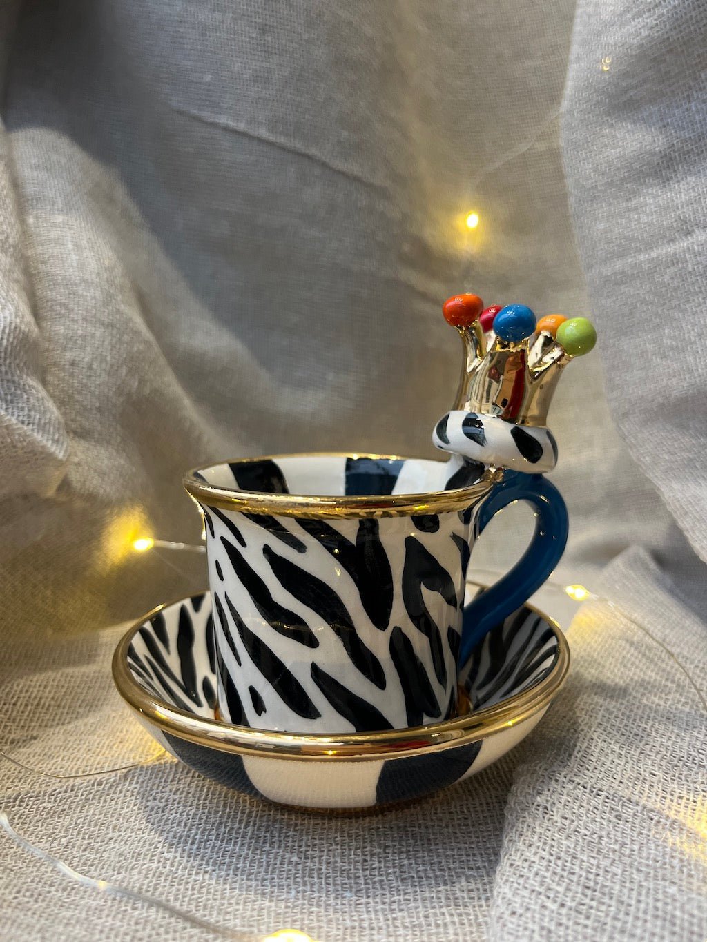 Crown Handled Demi Tasse & Saucer (Zebra) - Mary - Rose Young - Beside The Wave