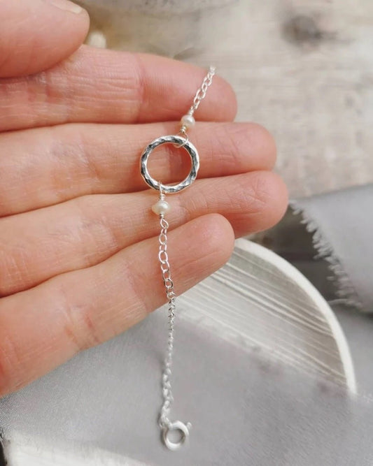 Hollow Pebble Bracelet with Ivory Pearls (Extender Chain) - Cat Birch - Beside The Wave