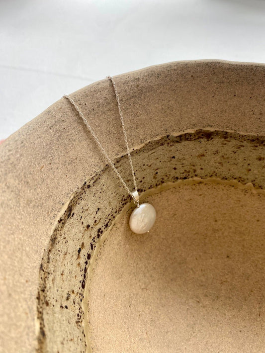 Ivory Coin Pearl (Large) Silver Necklace (Extender Chain) - Cat Birch - Beside The Wave