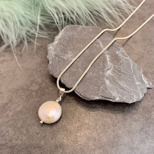 Ivory Coin Pearl (Small) Silver Necklace (Extender Chain) - Cat Birch - Beside The Wave