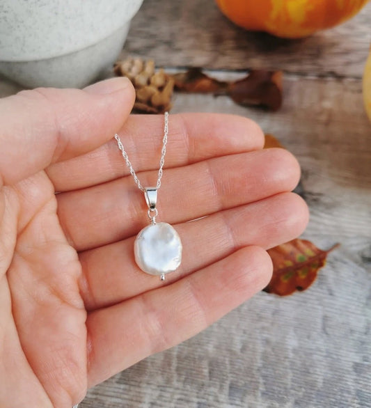 Ivory Keishi Pearl (Large) Silver Necklace (Extender Chain) - Cat Birch - Beside The Wave