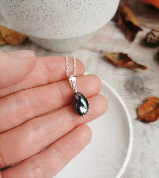 Peacock Baroque Pearl Silver Necklace (Extender Chain) - Cat Birch - Beside The Wave