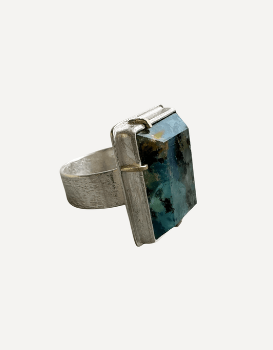 Peruvian Blue Opal Rectangle Large with Gold Claws Ring - Lucy Spink - Beside The Wave