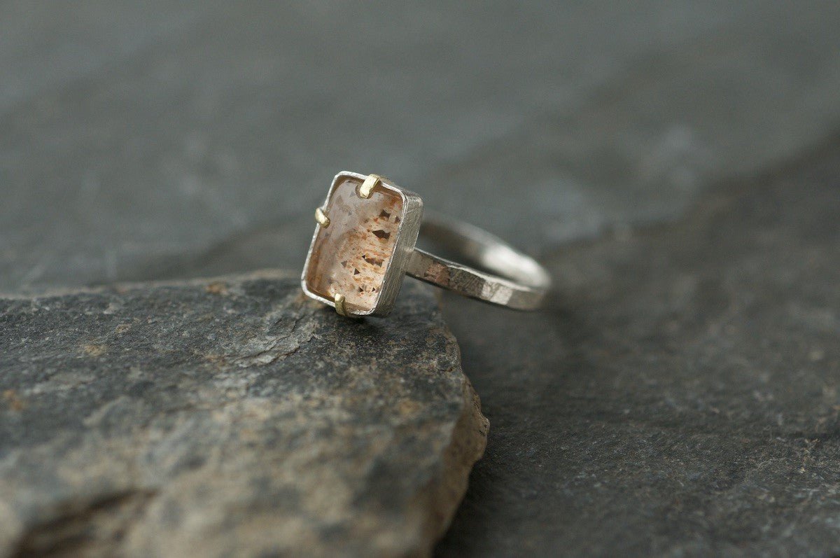 Rainbow Lattice Sunstone Rectangle with Gold Claws - Lucy Spink - Beside The Wave