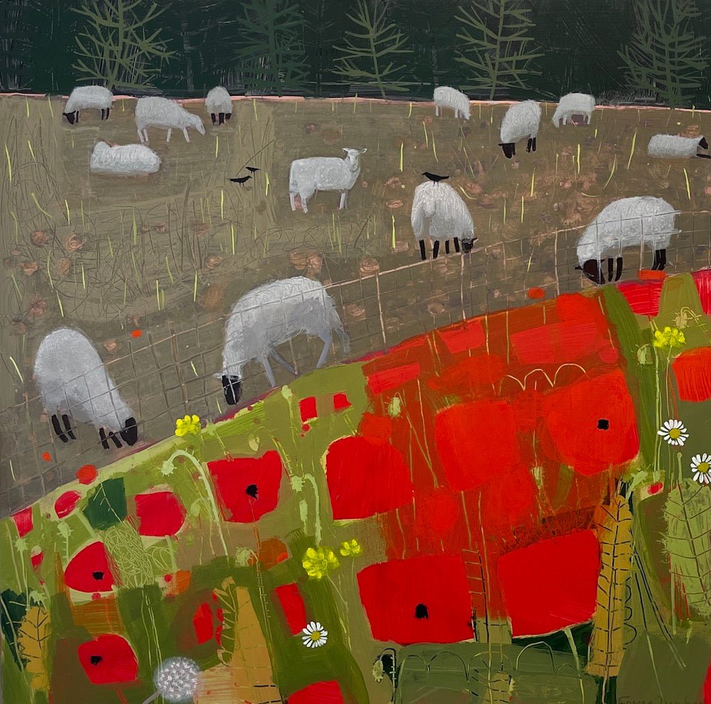 Sheep enjoying Turnips above a Poppy Field - Emma Dunbar - Beside The Wave